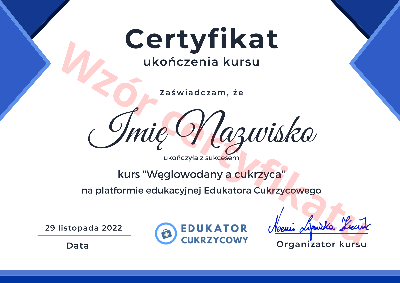 Certyfikat ukończenia kursu Węglowodany a cukrzyca Centrum edukacyjne Edukatora Cukrzycowego dietetyk Noemi
